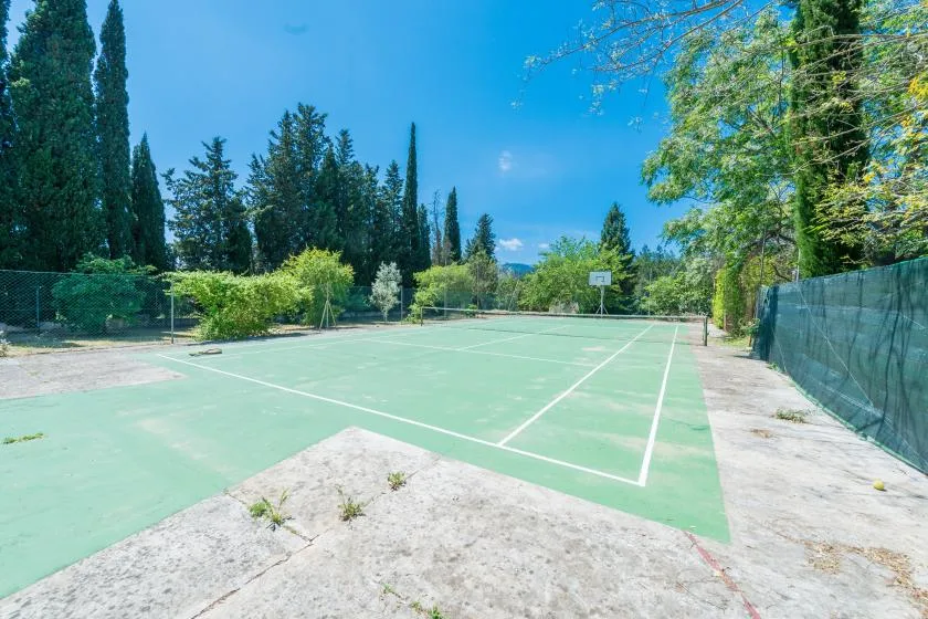 Una cancha de tenis al aire libre está rodeada de árboles y cercas.