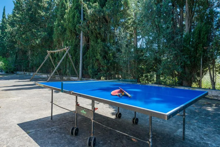 Una mesa de ping-pong al aire libre está sobre una zona pavimentada rodeada de árboles.