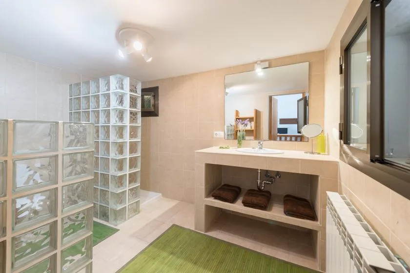 Un baño luminoso con un lavabo amplio, espejo y tabique de bloques de vidrio.