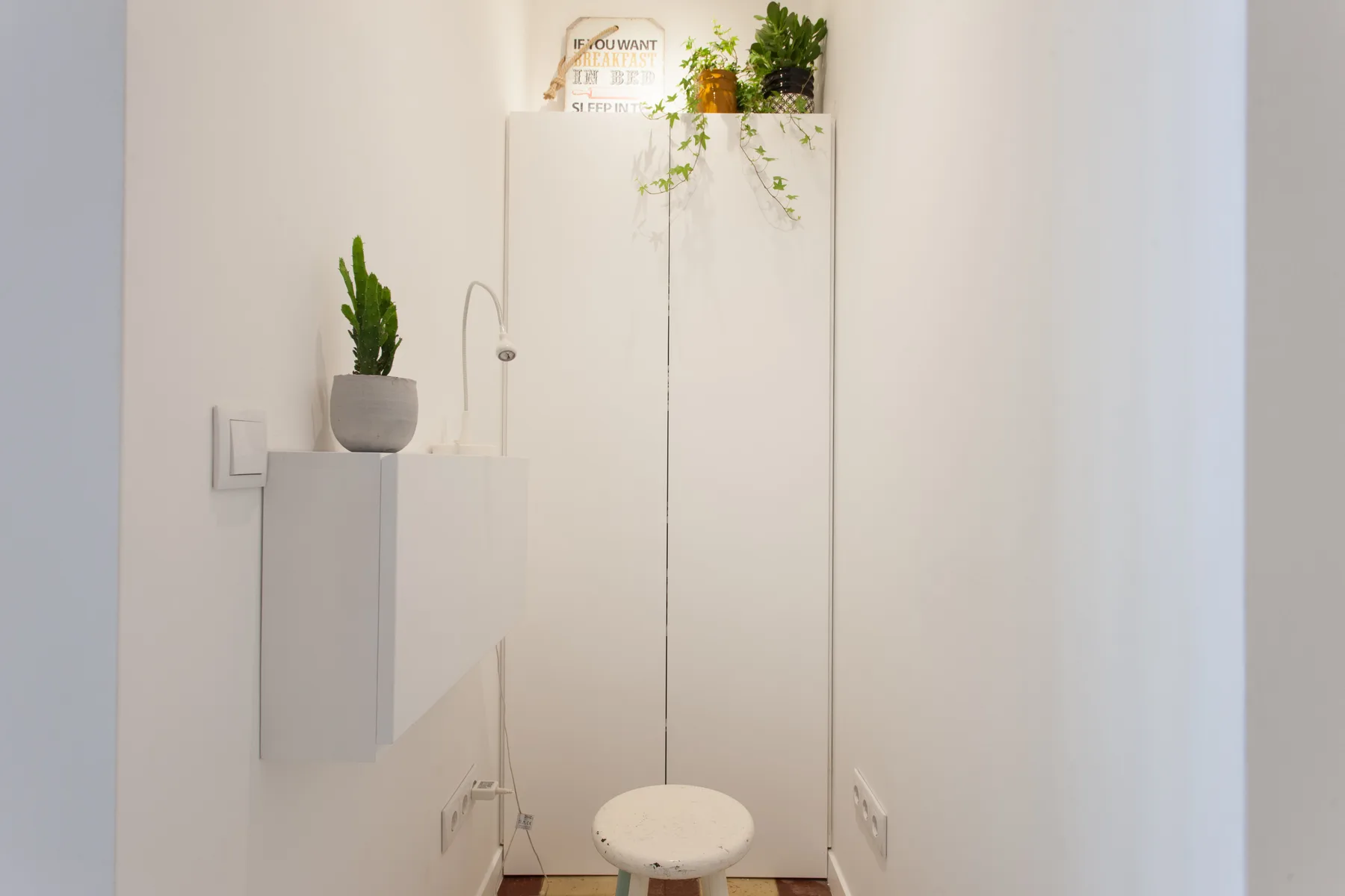 A bright interior corner with a tall white cabinet and potted plants.