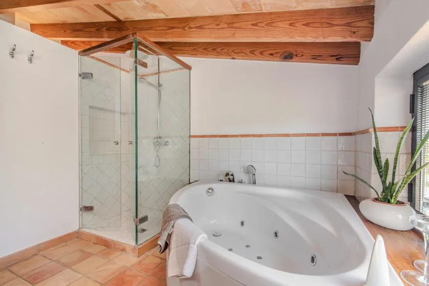 Un baño con una bañera grande, una ducha de vidrio y vigas de madera en el techo.