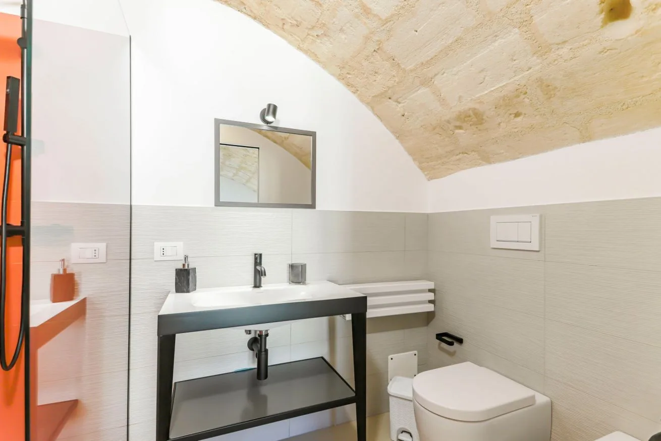 A bathroom with a sink, mirror, and toilet beneath a curved ceiling.