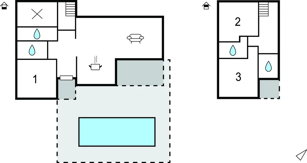 Un plano muestra dos distribuciones de habitaciones, una zona central de estar y una piscina rectangular.
