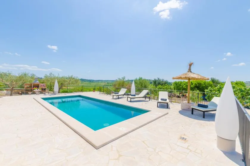 An outdoor swimming pool sits on a sunny terrace with loungers and a parasol.