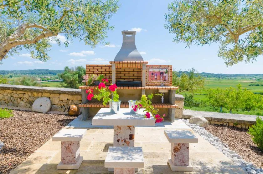 An outdoor dining area with a brick barbecue sits among trees overlooking open countryside.