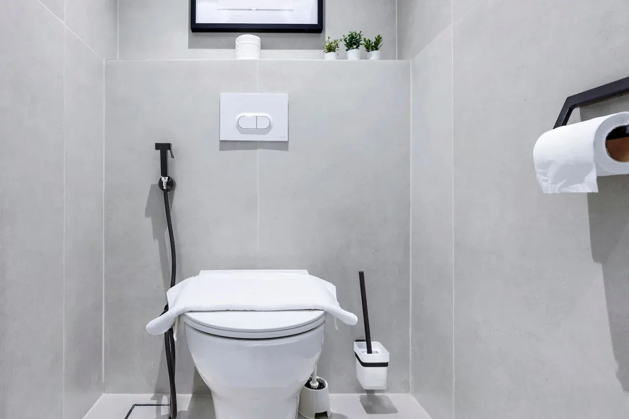 Un baño moderno con un inodoro suspendido y una ducha higiénica de mano.