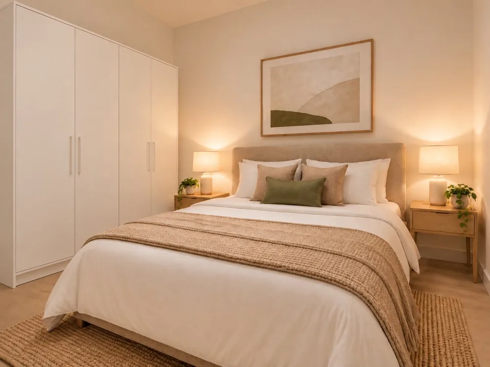 Dormitorio con una cama, mesillas y lámparas.