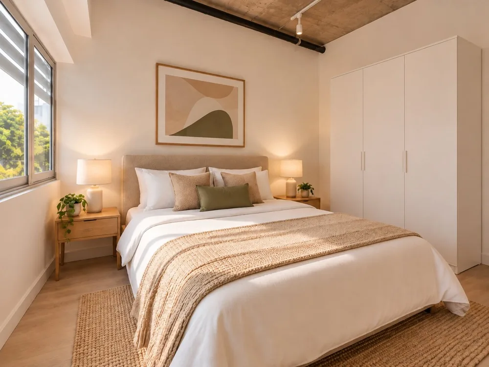 Dormitorio con una cama amplia, mesitas de noche y armario.