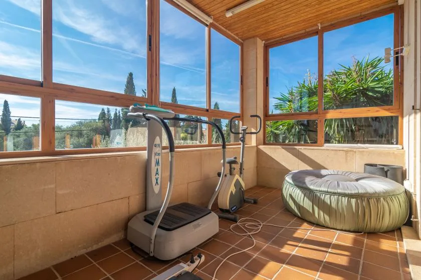 A sunroom gym with exercise equipment and a round cushioned seat.