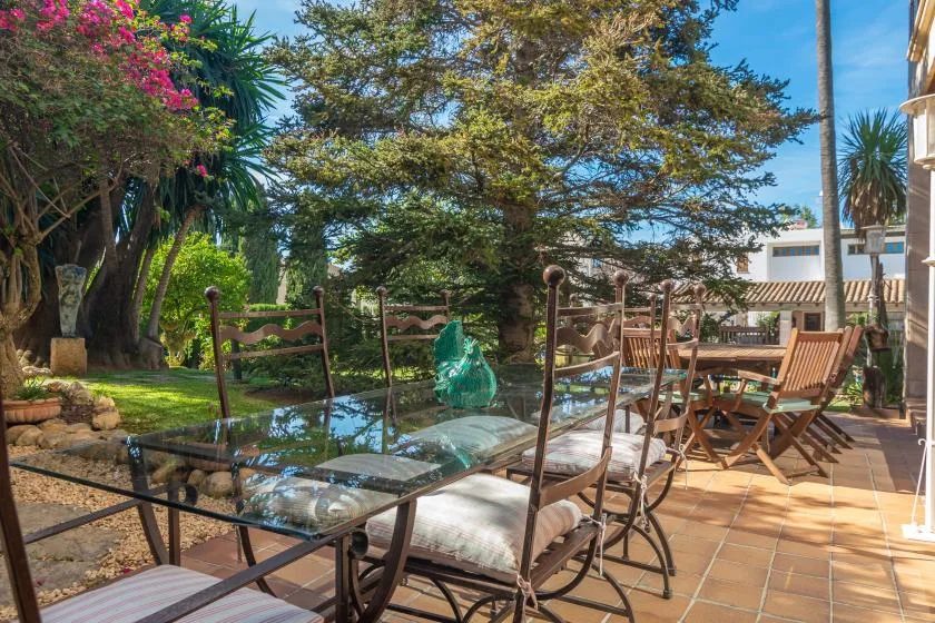 An outdoor patio dining area with chairs and a table beneath leafy trees.