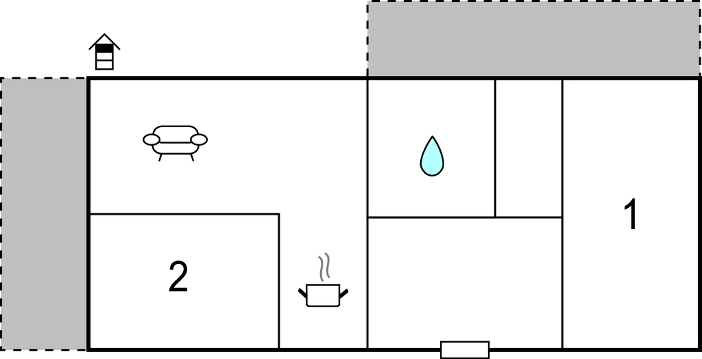 Un plano sencillo muestra una sala de estar, un baño y un símbolo de gota de agua.