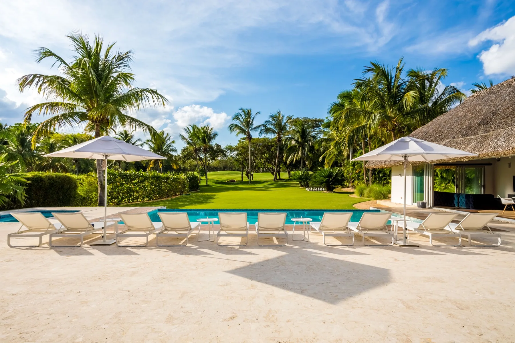 Una piscina junto a un patio soleado, con palmeras y sombrillas.