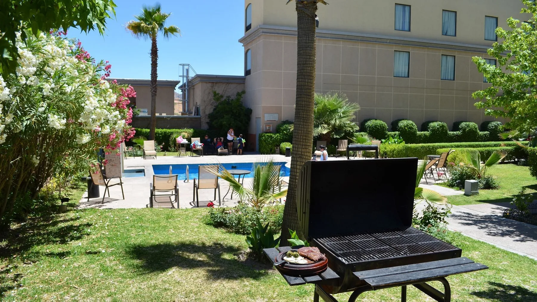 Outdoor pool and grill in the garden