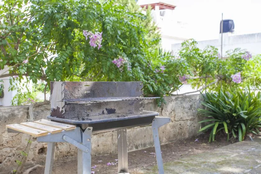 Una parrilla al aire libre está junto a arbustos floridos y un muro bajo de piedra.