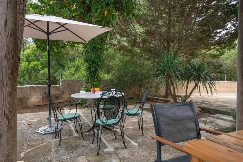Un patio al aire libre con asientos bajo una sombrilla, rodeado de árboles y plantas.