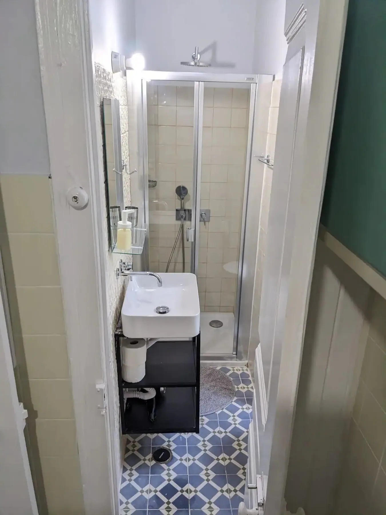 Un baño estrecho con lavabo y ducha con mampara de vidrio.