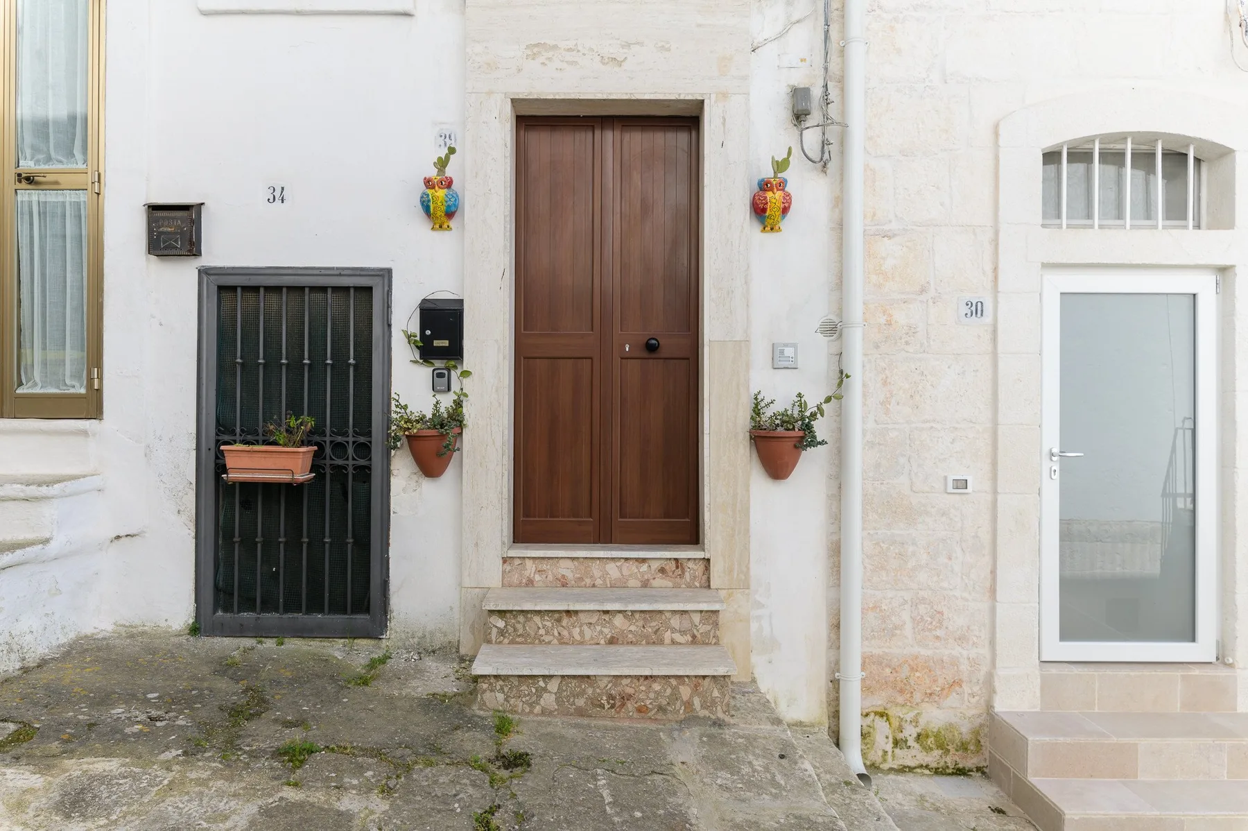 A stone building facade with a wooden entrance door and potted plants.
