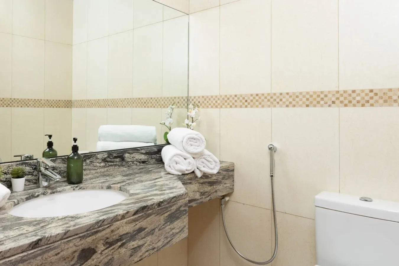 Baño alicatado con lavabo de piedra, toallas y ducha de mano.