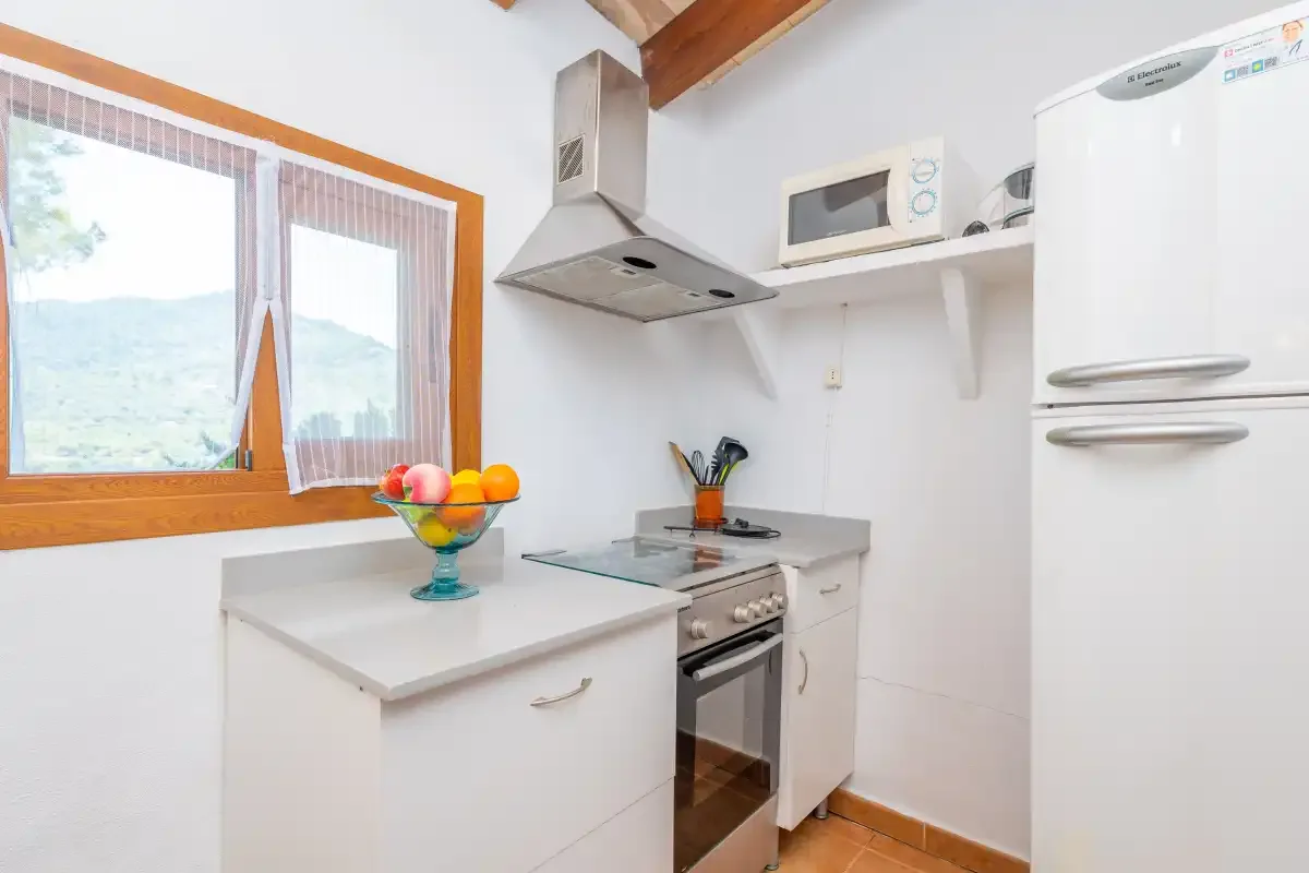 A bright kitchen with a countertop, stove, and window overlooking hills.