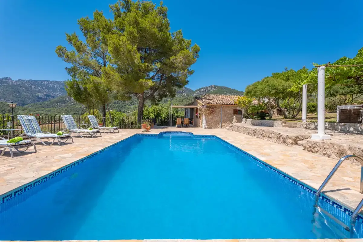 A swimming pool sits in a sunny outdoor terrace with loungers and trees.