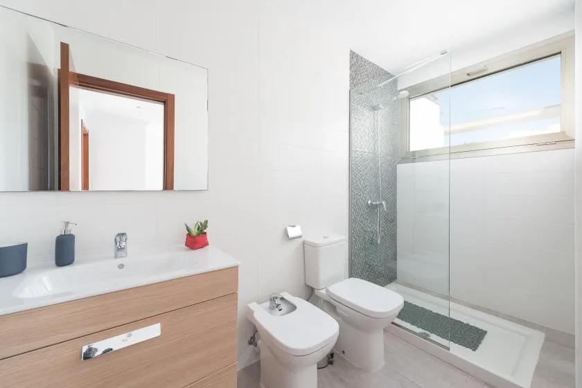 A bright bathroom with a vanity, toilet, bidet, and glass shower.
