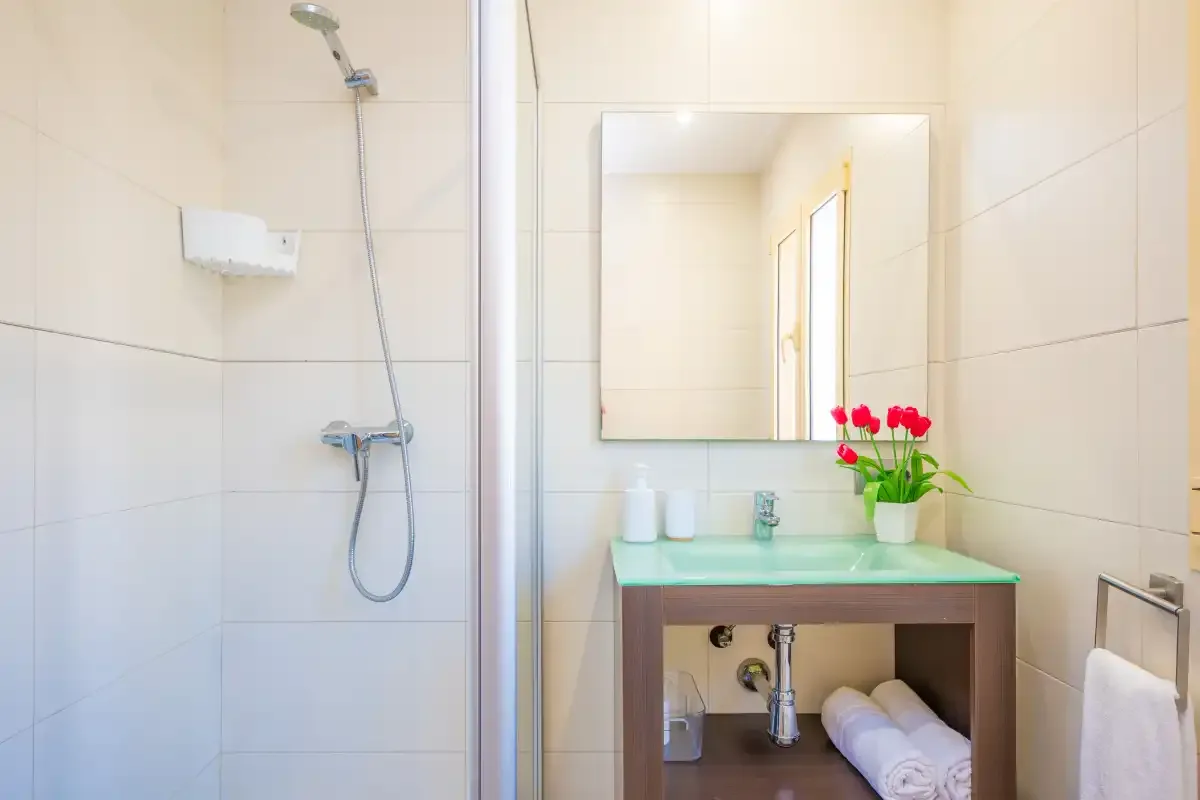 Un baño alicatado con ducha, lavabo y espejo sobre la encimera.