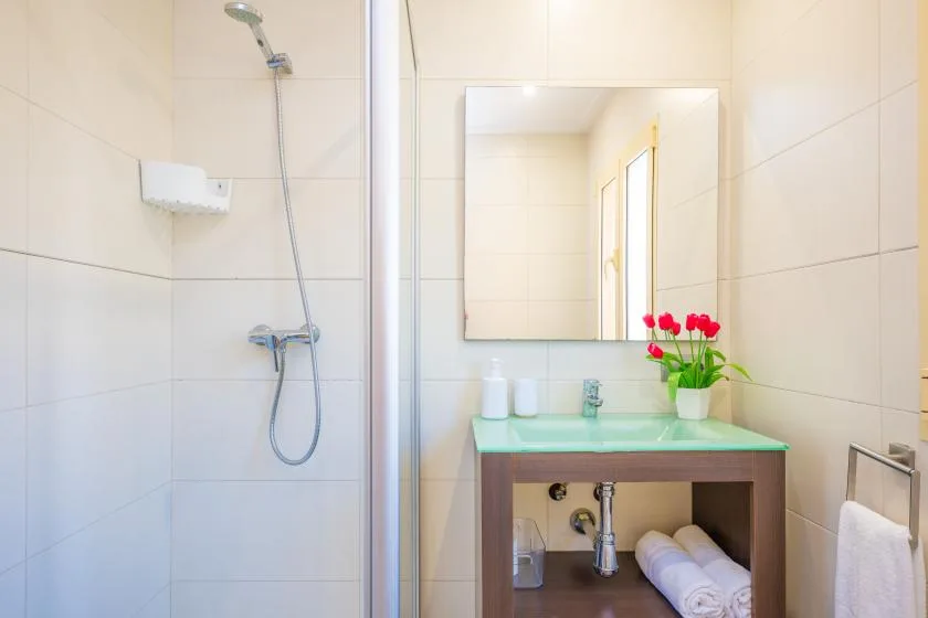 Un baño luminoso con azulejos, ducha, lavabo, espejo y flores.
