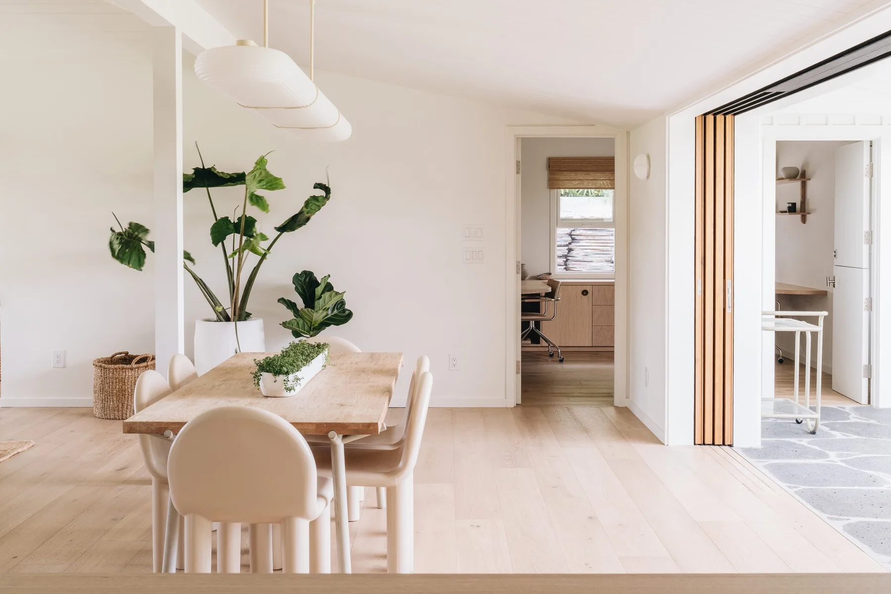 A bright dining area with a wooden table, chairs, and leafy plants.