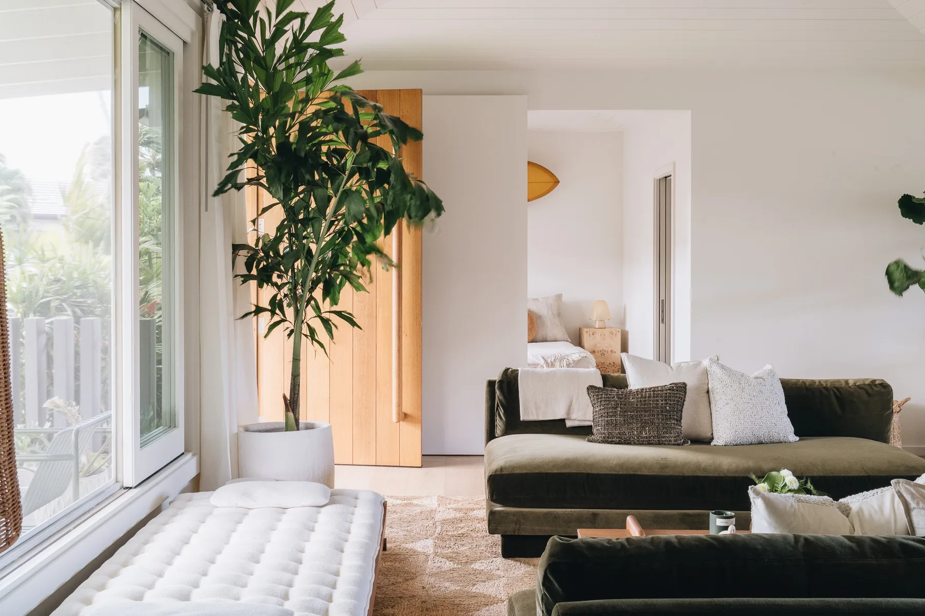 A bright living room with a large window, indoor plant, and seating.