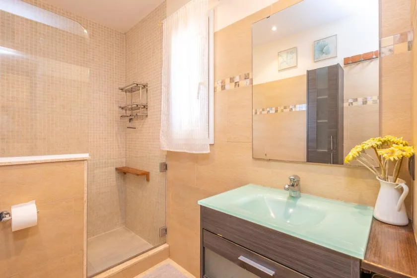 Un baño alicatado con ducha de vidrio y un lavabo bajo un espejo grande.