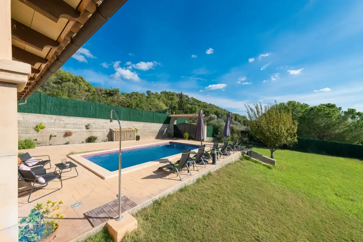 An outdoor swimming pool beside a paved patio and grassy lawn.