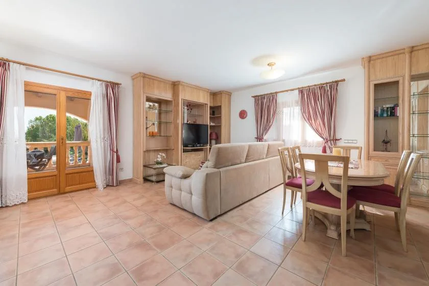 A living and dining area with a television, seating, and a wooden table.