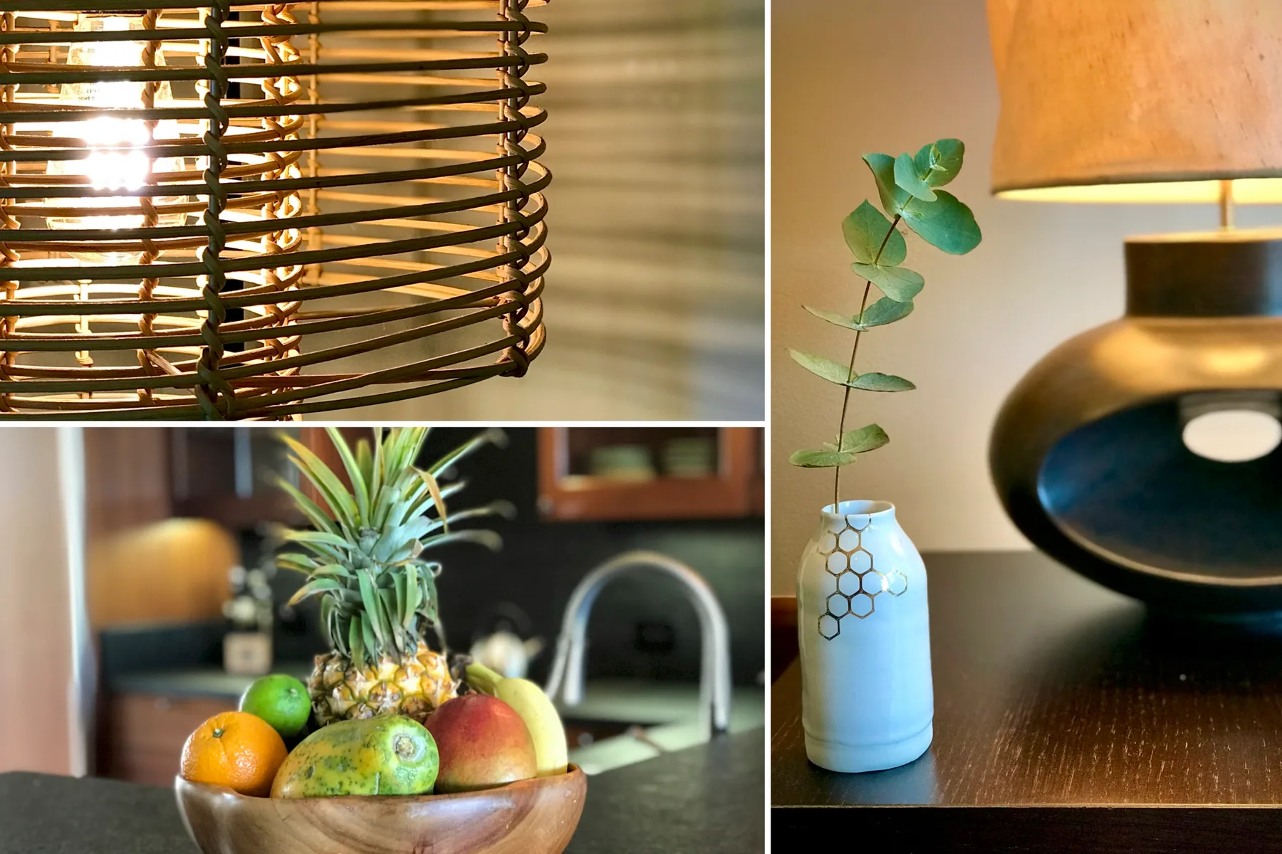 A collage shows a woven lamp, a vase with greenery, and a bowl of fruit.
