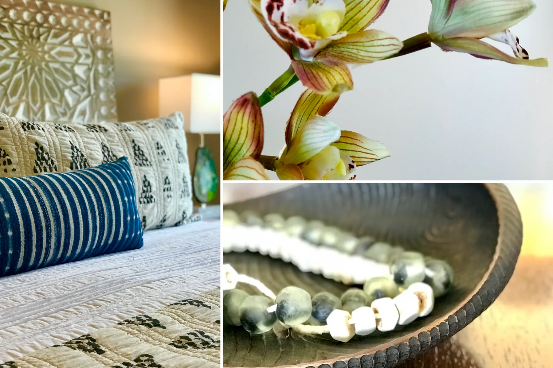 A bed with patterned pillows is shown beside close-up images of flowers and beads.