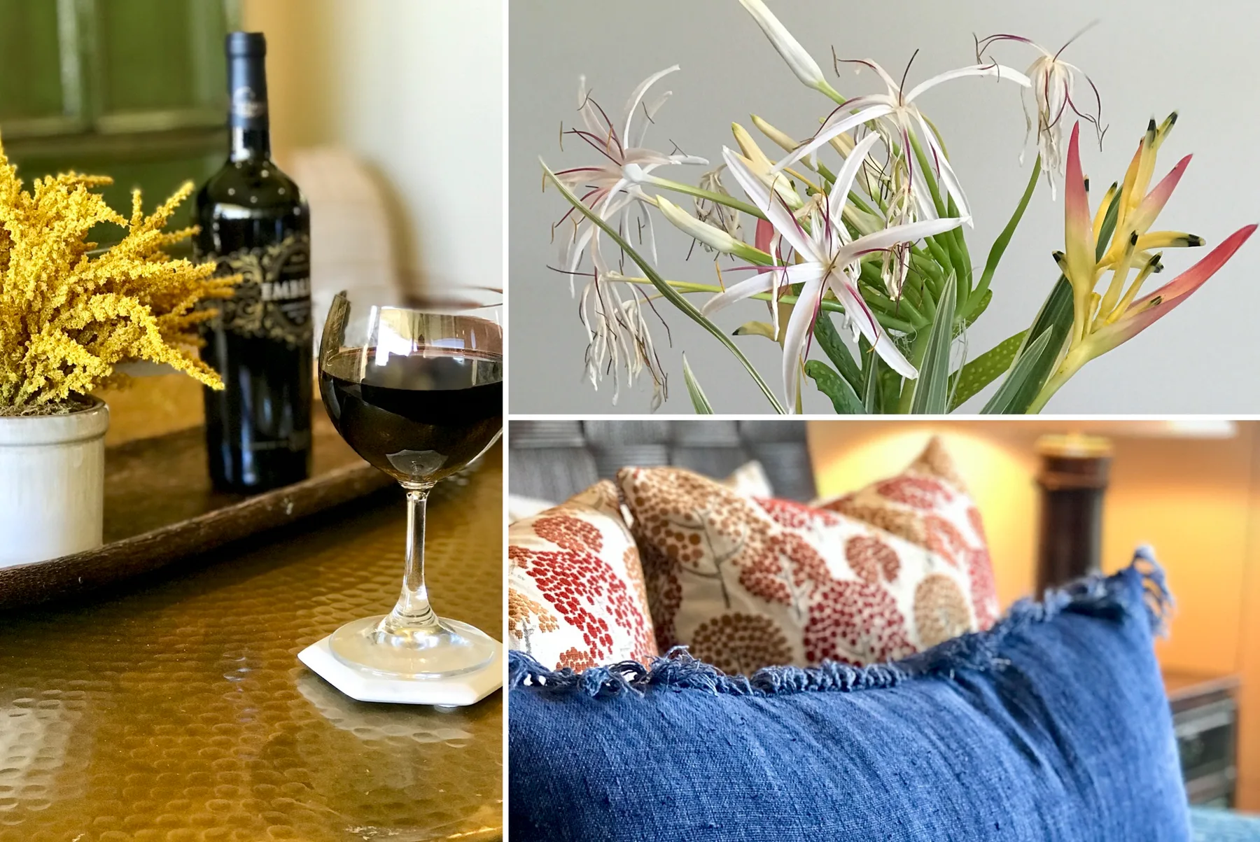 A collage shows a wine glass and flowers beside close-ups of tropical flowers and patterned cushions.