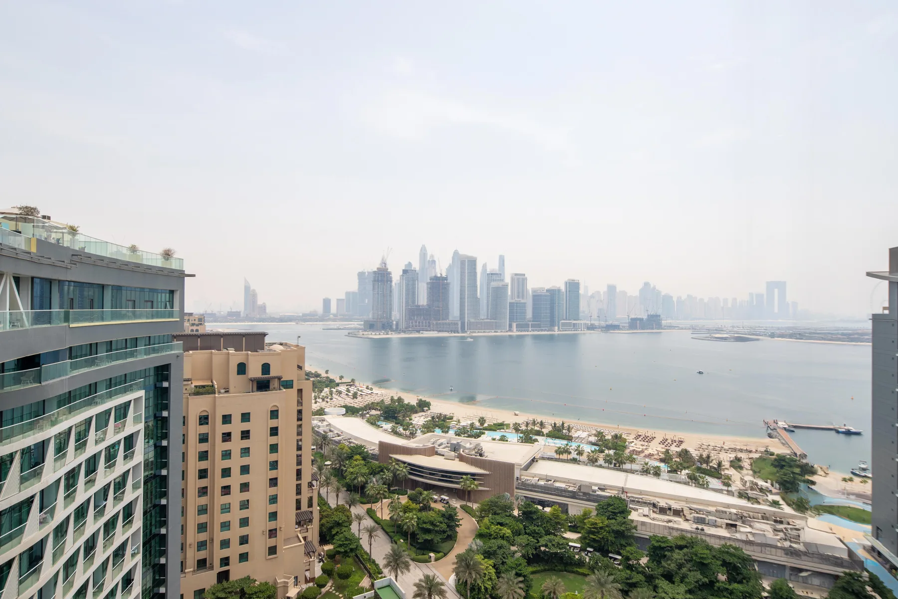 Se ve un horizonte urbano junto a la bahía, con edificios y vegetación en primer plano.