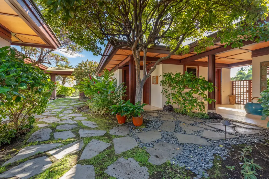 A landscaped courtyard with stone paths, leafy plants, and a tree beside the building.