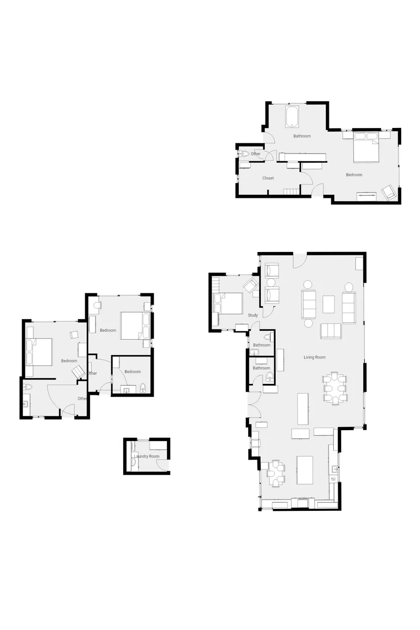 A floor plan shows several room layouts with bedrooms, bathrooms, and living areas.