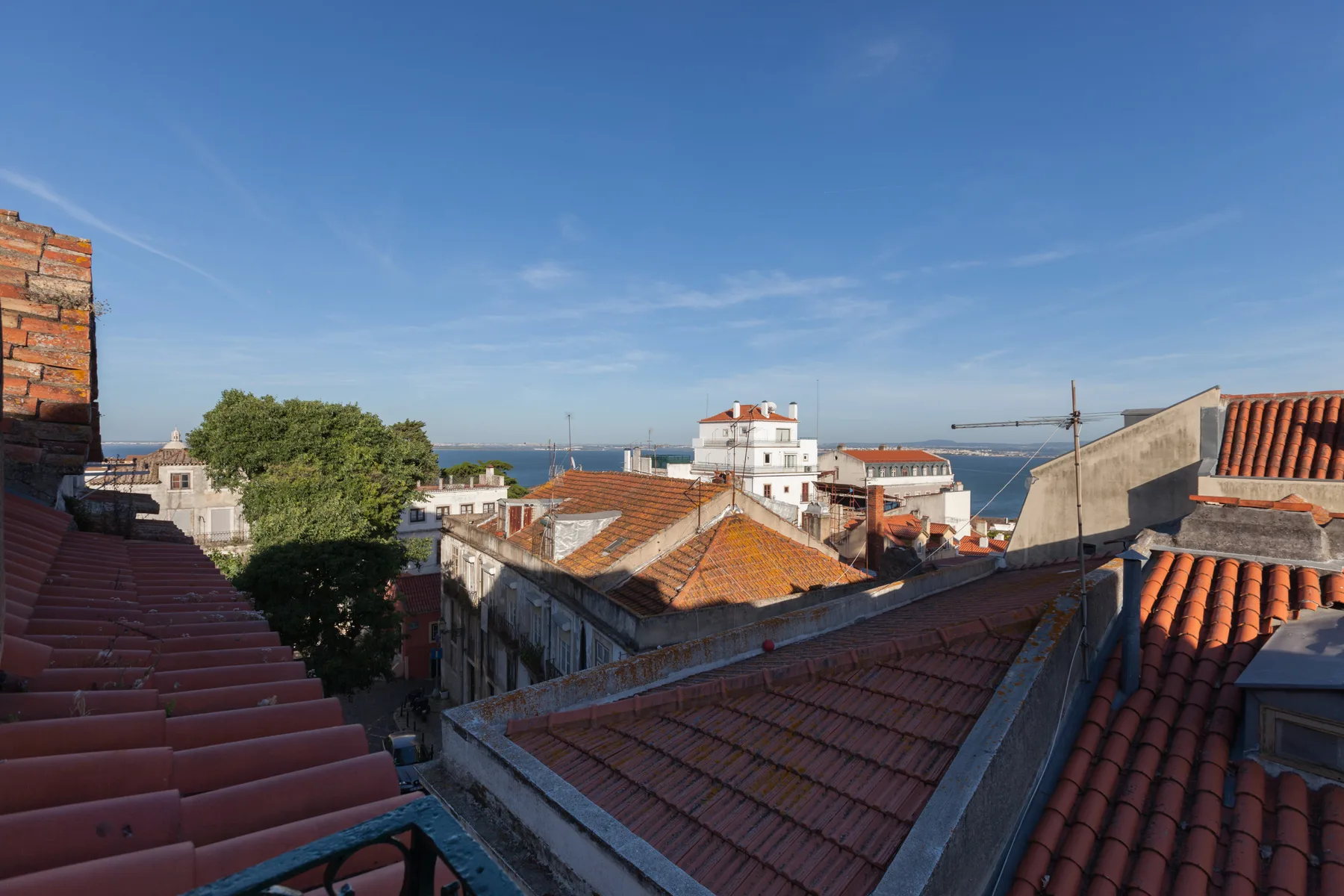 Vista desde los tejados hacia edificios y el agua bajo un cielo despejado.