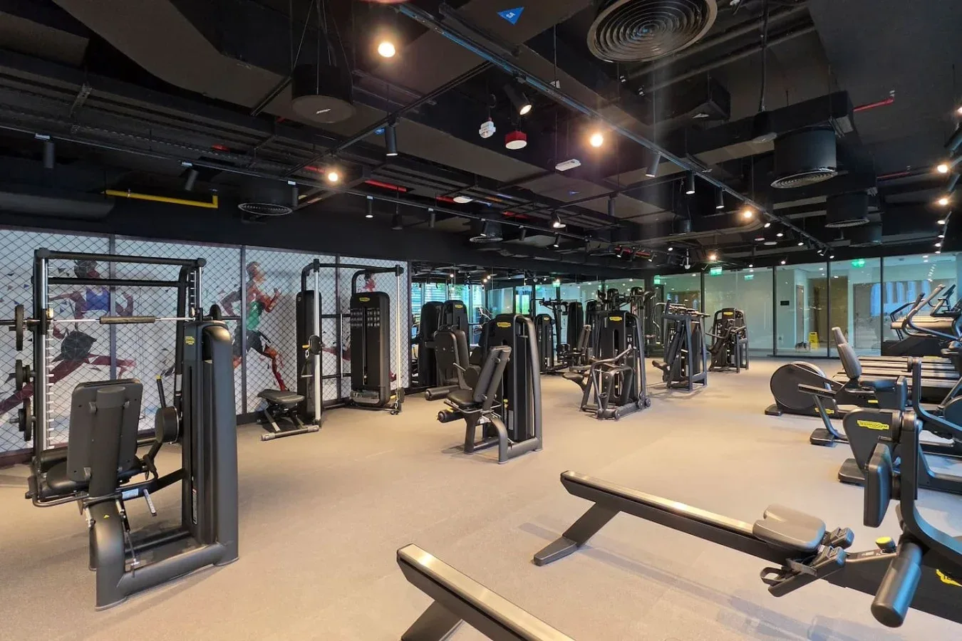 Un gimnasio amplio con máquinas de fuerza y bancos de entrenamiento.