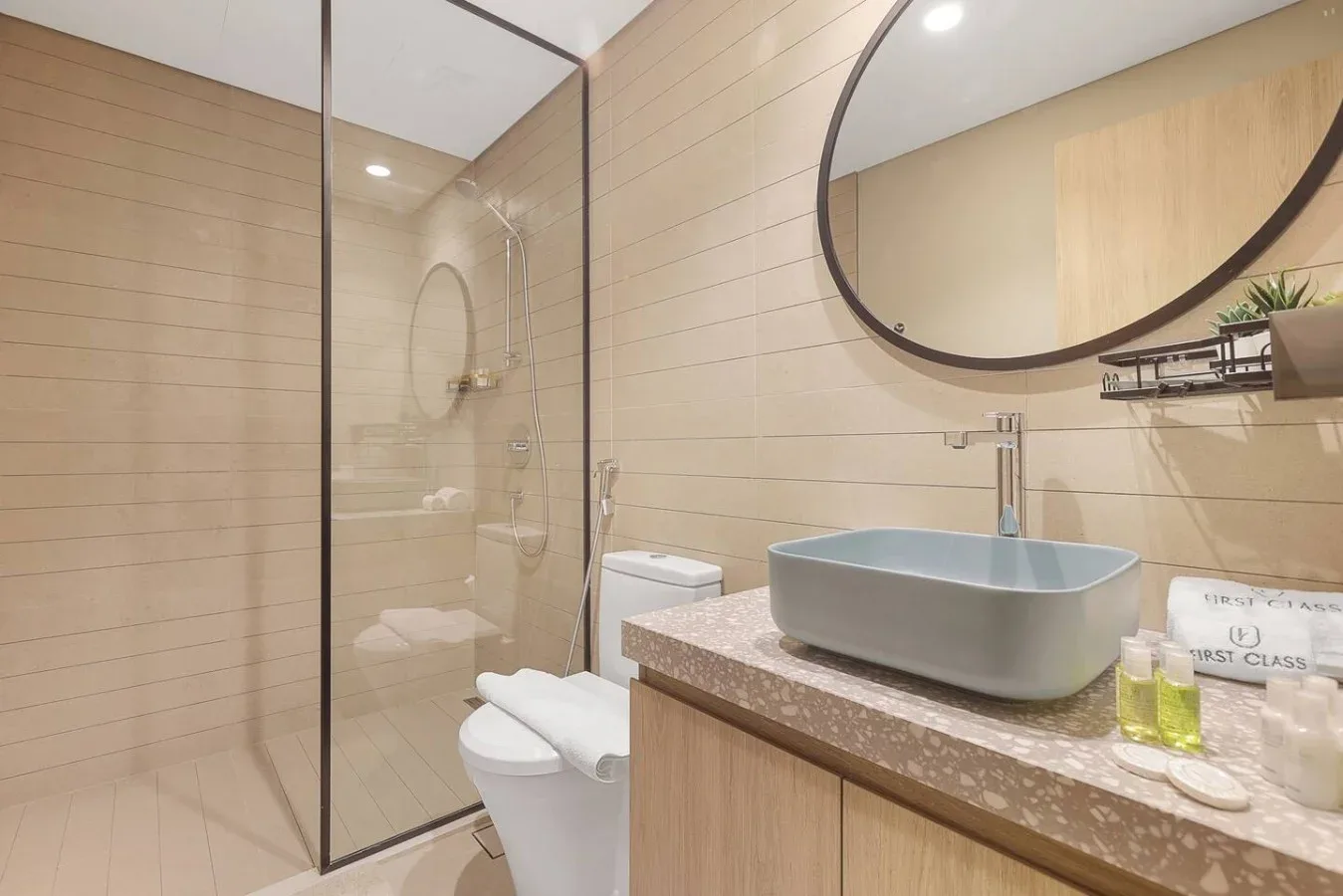 Un baño moderno con ducha de vidrio, inodoro y lavabo sobre encimera.
