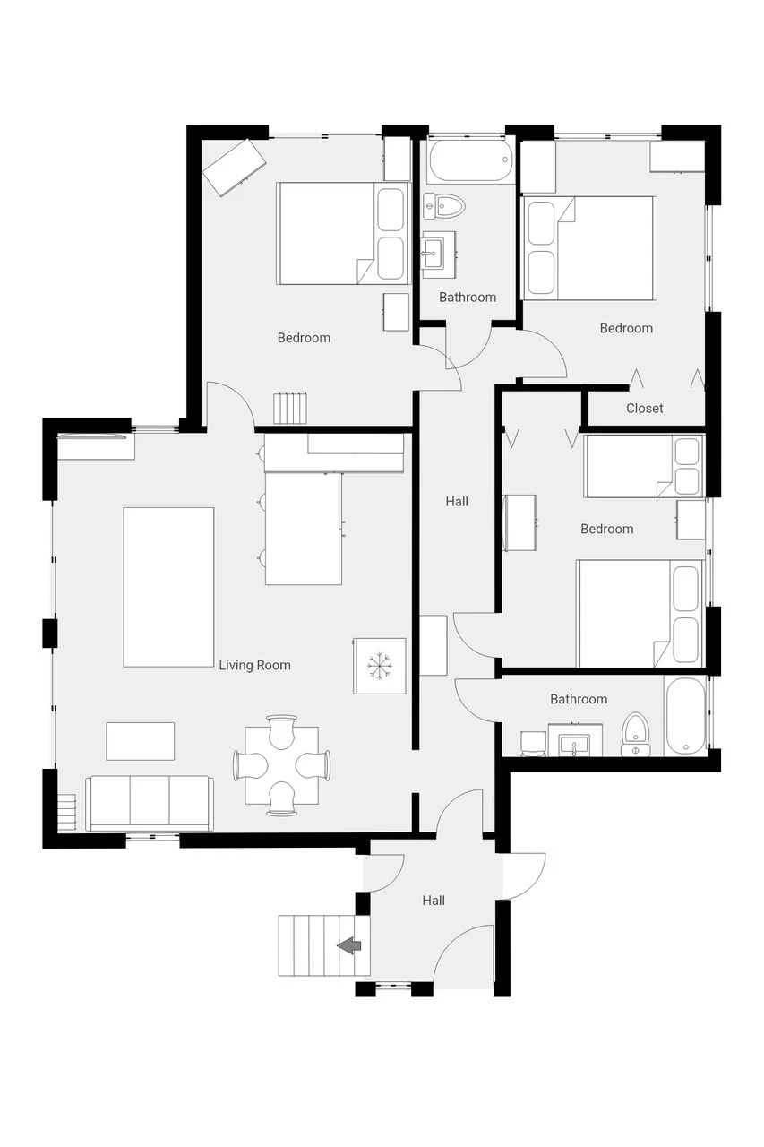 Un plano de apartamento muestra dormitorios, baños, una sala de estar y pasillos.