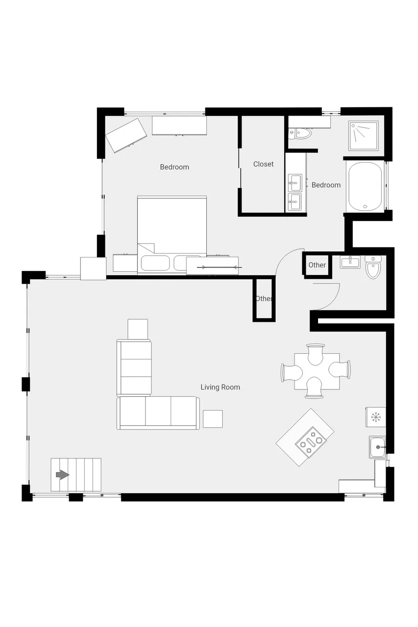 Plano de un apartamento con sala de estar, dos dormitorios y un baño.