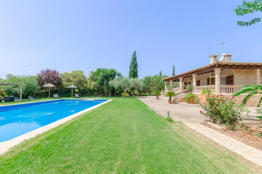 A landscaped outdoor pool area with a lawn and a covered patio.