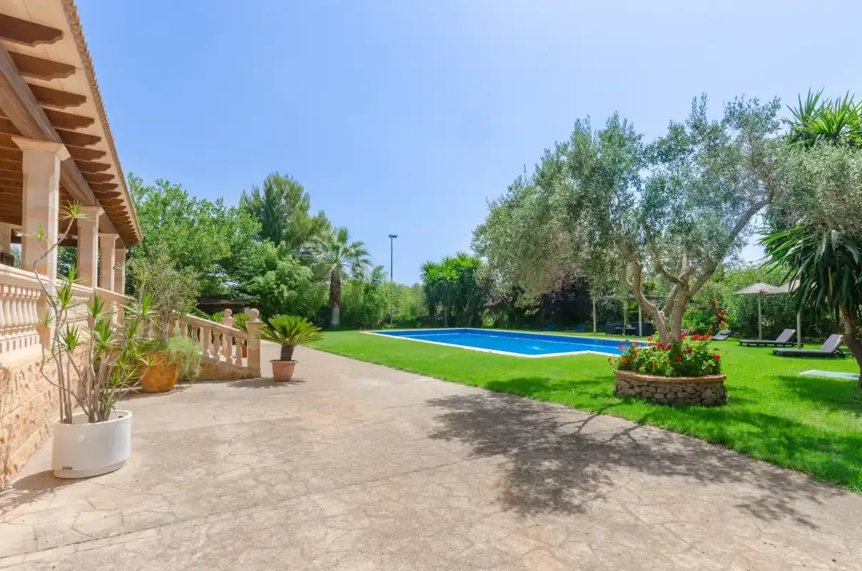 A landscaped garden surrounds a swimming pool beside a paved patio.