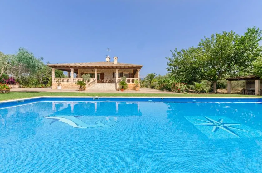 An outdoor swimming pool with decorative tile designs faces a shaded house and garden.