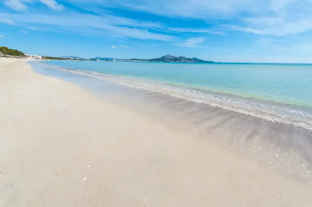 Una playa de arena se encuentra con aguas turquesas bajo un cielo azul.