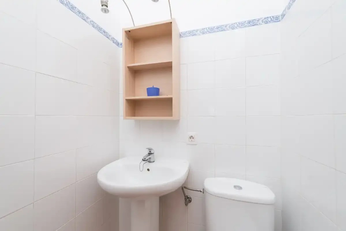 Un baño alicatado con lavabo e inodoro bajo un estante de pared.