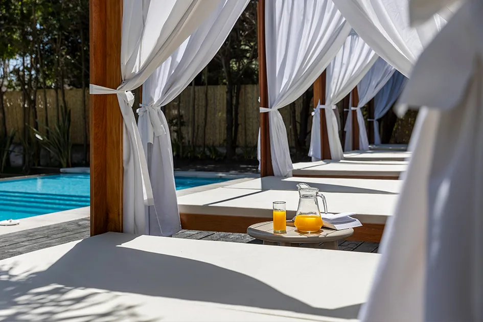 Piscina con tumbonas y sombrillas