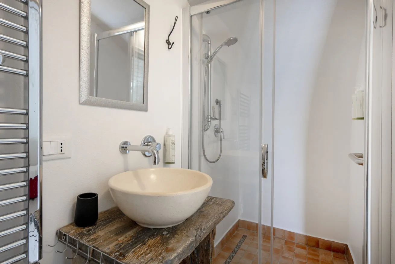 A bathroom with a vessel sink and glass-enclosed shower.
